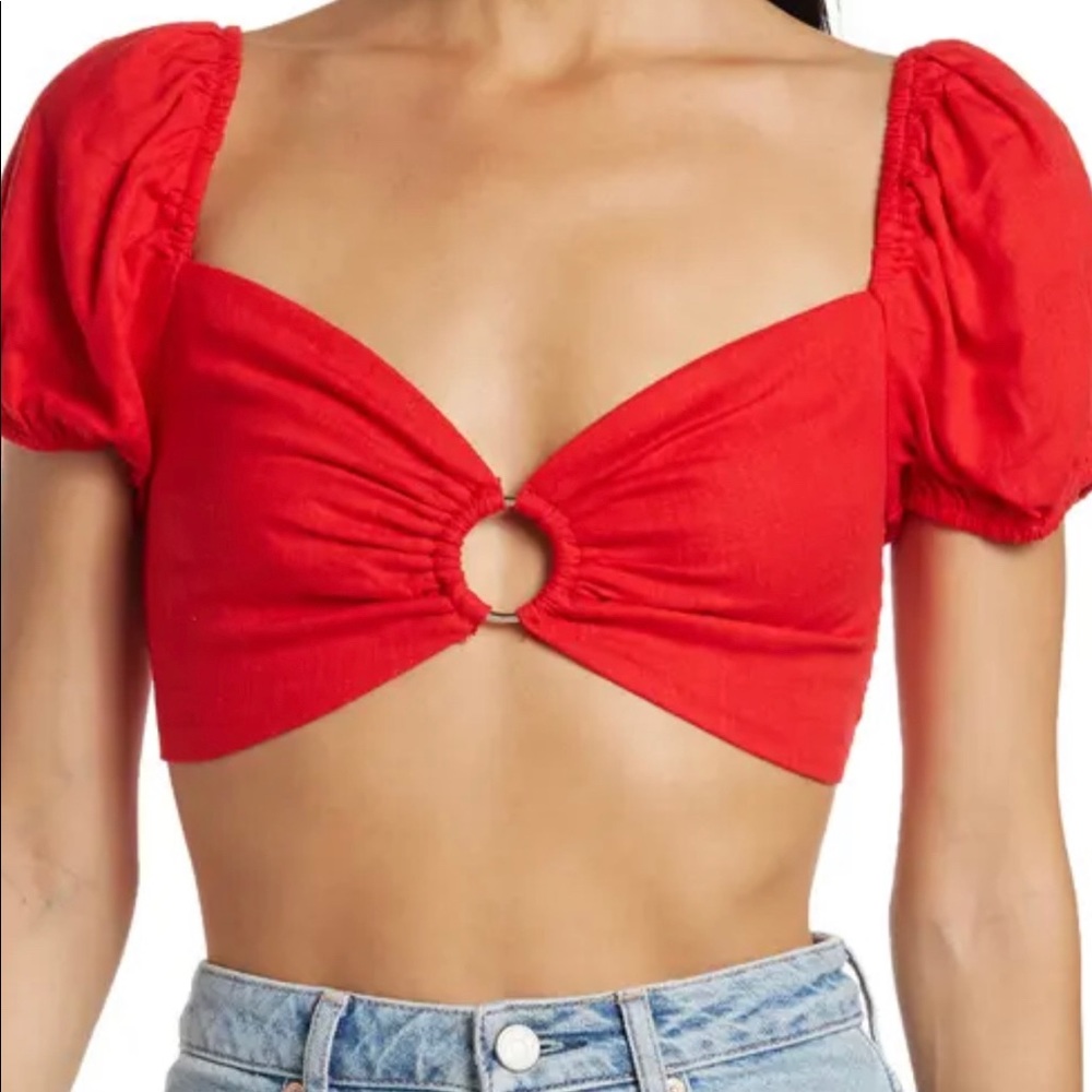 Puff Sleeve Red Linen Crop Top (NWT)